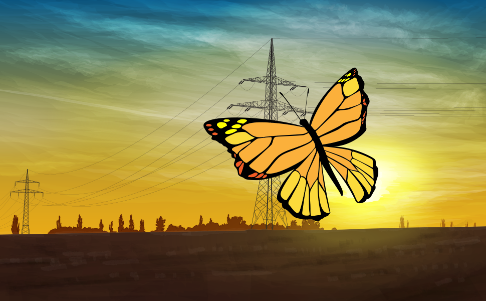 An image of a butterfly against a background of the sun setting behind pylons. This image will be used to demonstrate varying transparencies in live paint groups.