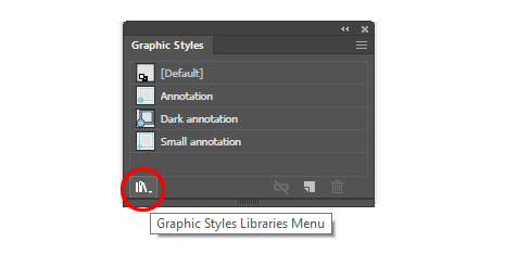 The libraries button at the bottom of each styles panel in Illustrator