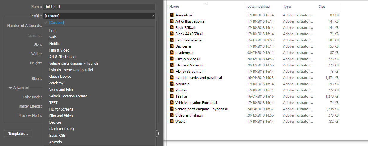 Side-by-side comparison of the new document profiles folder and the list in the new file window