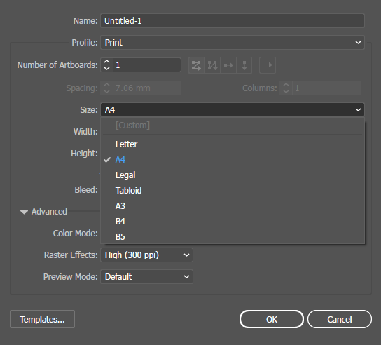 The list of size presets for a document profile in Illustrator