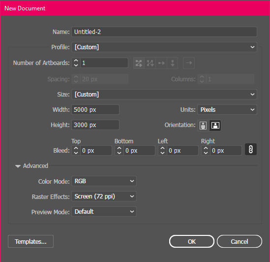 Illustrator new document settings for a 5000 x 3000 pixel image