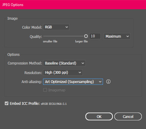 Illustrator export settings for a 300 PPI JPEG